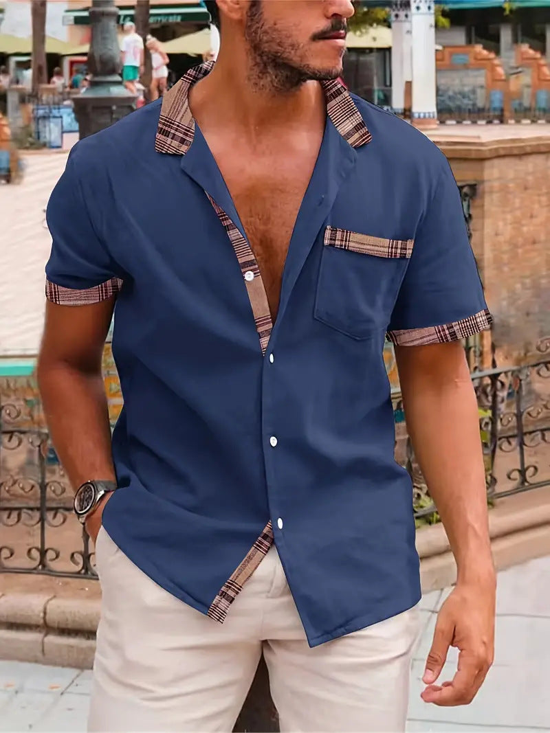 Men's Short Sleeve Contrast Fashion Button-Up Shirt Gronata