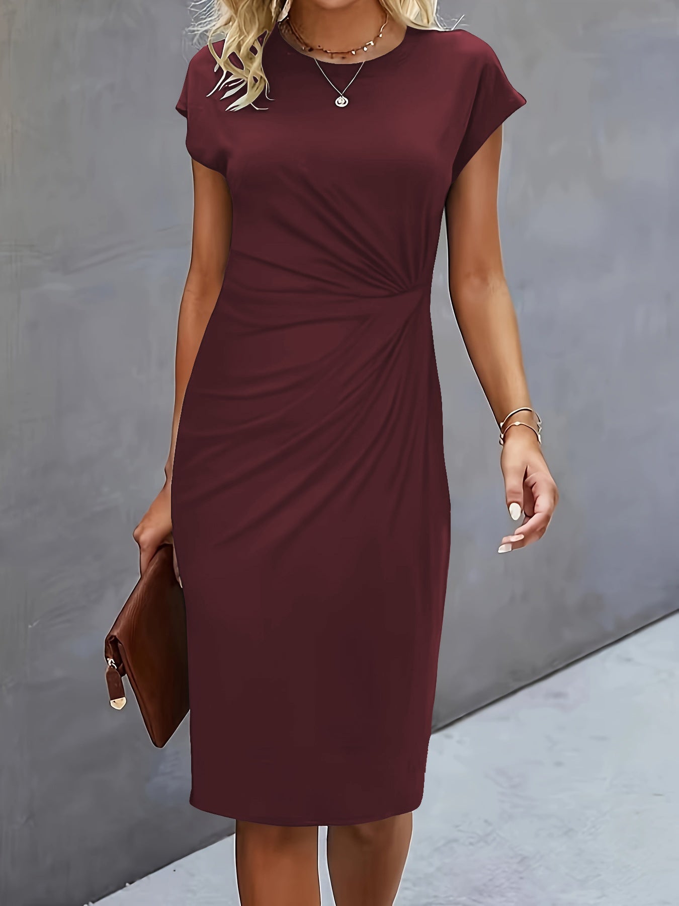 Women's Casual Tight Front Knot Round Neck Mid-length Dress Gronata