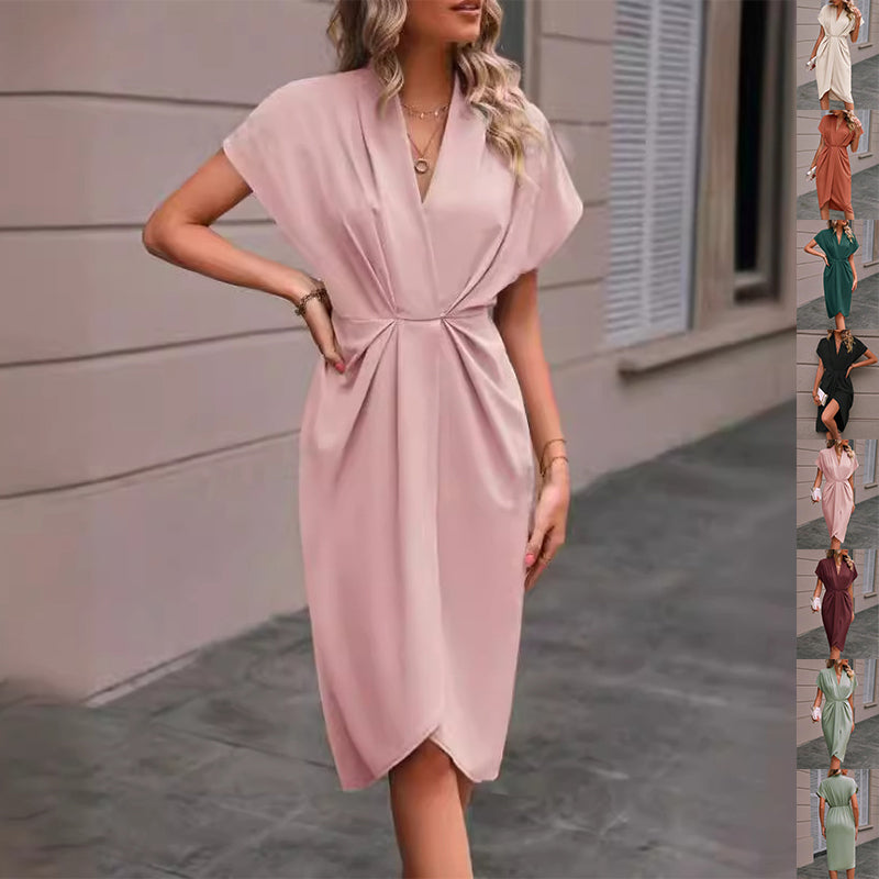 Summer Batwing Sleeve Dress Fashion V-neck Short Sleeve Pleated Dresses Womens Clothing Gronata