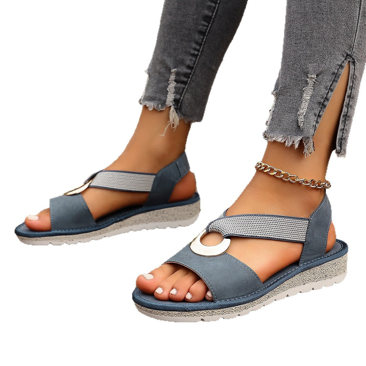 Plus-size Fish-mouth Wedge Sandals With A Jute Sole And Elastic Strap Gronata