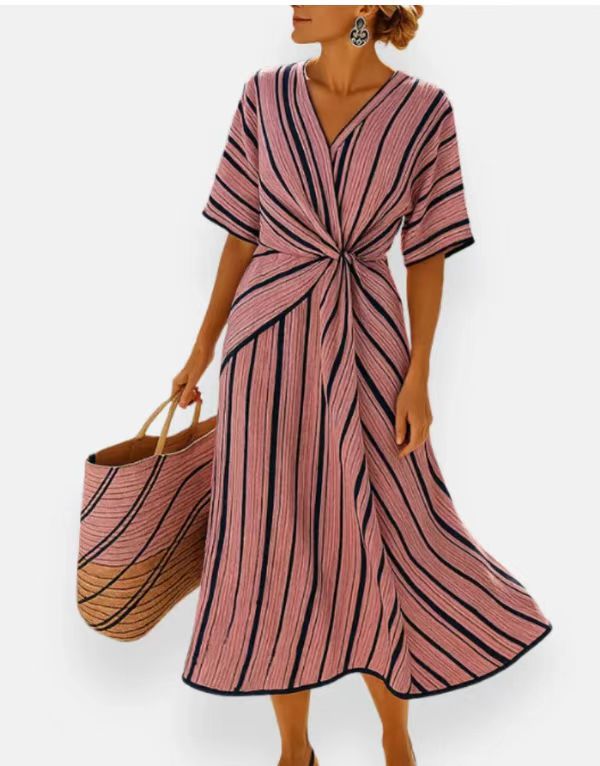 Summer Striped Print Dress Casual Beach Vacation Short-sleeved Maxi Dress Womens Clothing Gronata