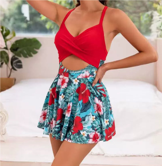 Cutout Sling Bikini Chest Pad Skirt One-piece Swimsuit Gronata
