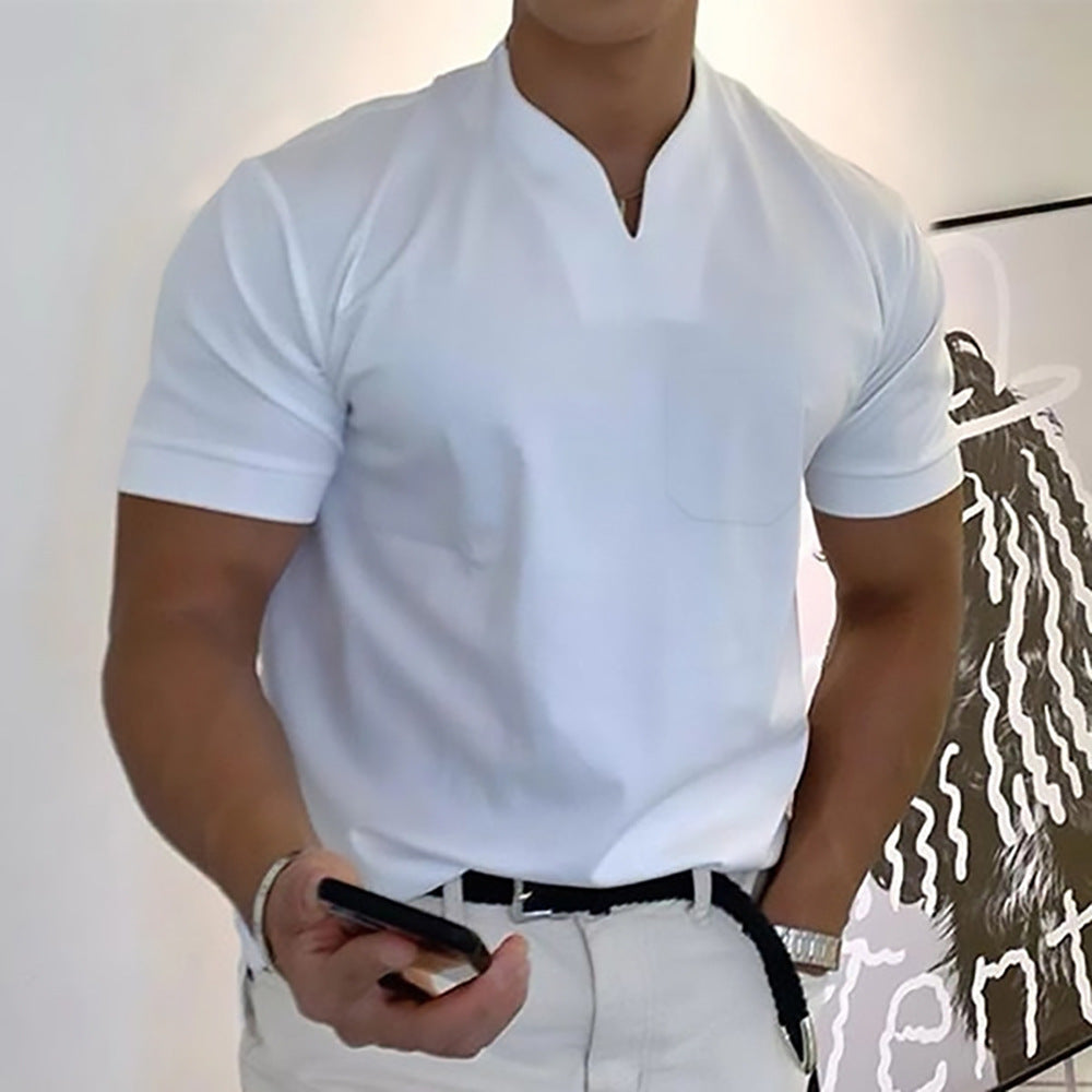 Summer Short Sleeve Shirt Men Fitness Plus Size Sports T-Shirt Elastic Cotton Pocket Gronata