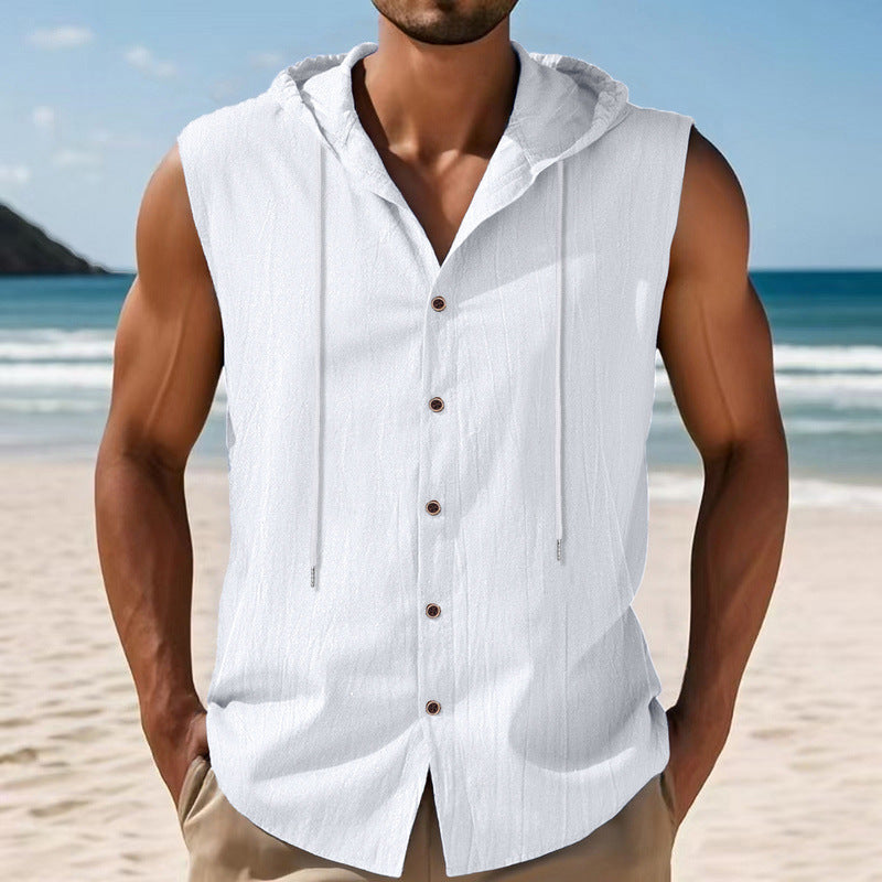 Mens Sleeveless Linen Hooded Shirt Gronata
