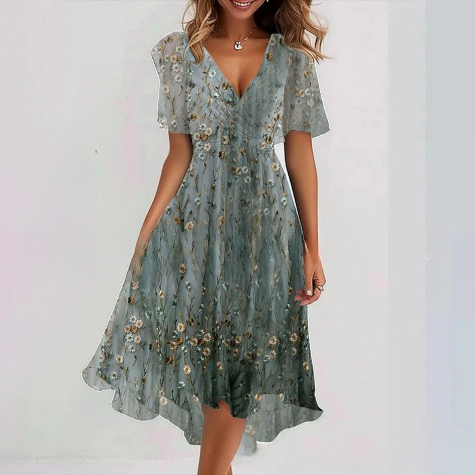 Flowers Printed V-neck Dress Summer A-line Short-sleeved Dresses For Women Gronata
