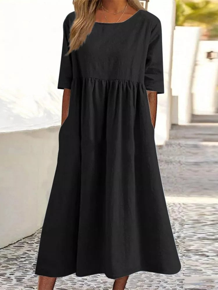 Women's Fashion Casual Cotton Linen Short Sleeve Pocket Dress Gronata