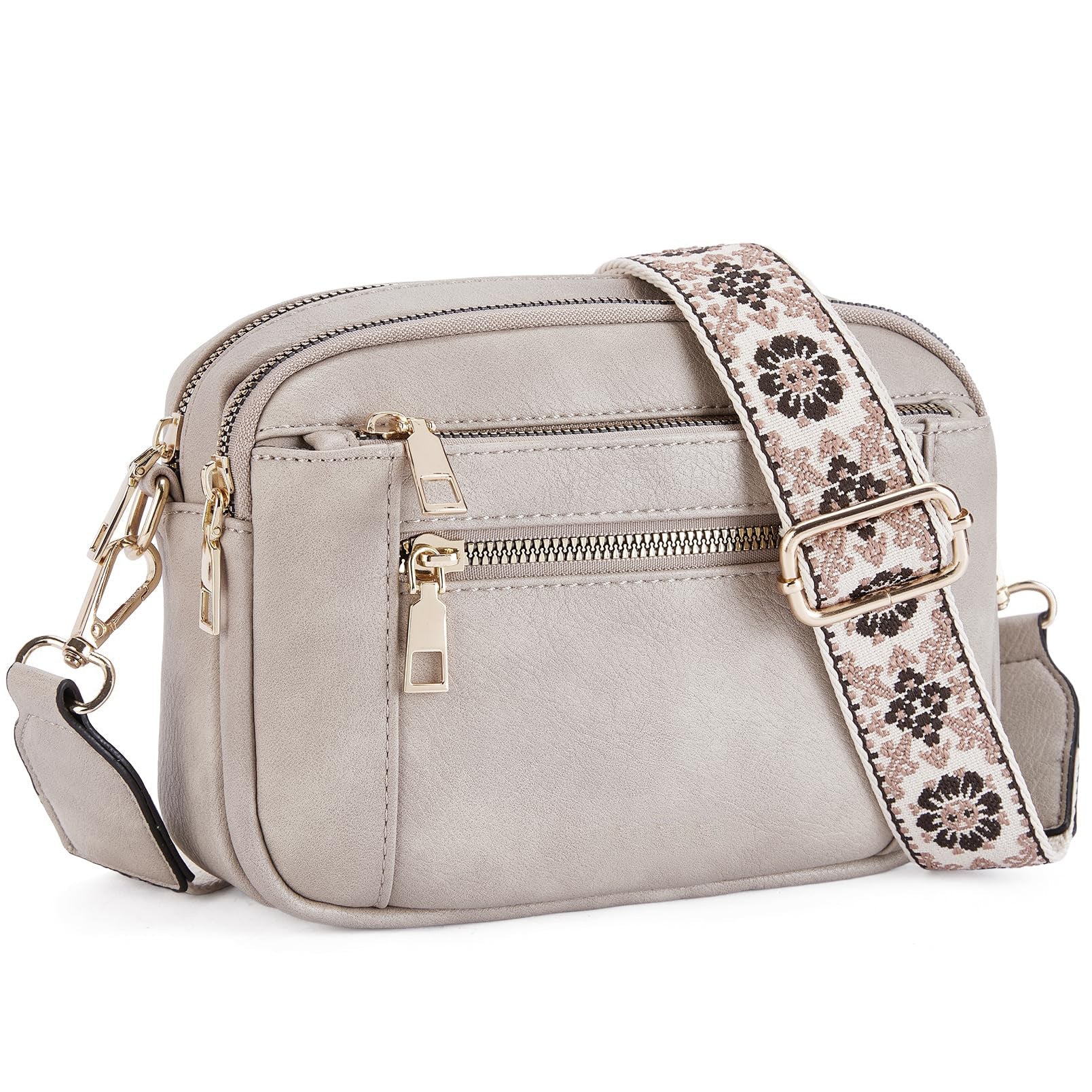 Triple-zipper Shoulder Bag With Floral Embroidered Straps Fashion Colorblock Multi-functional Crossbody Bags For Women Gronata