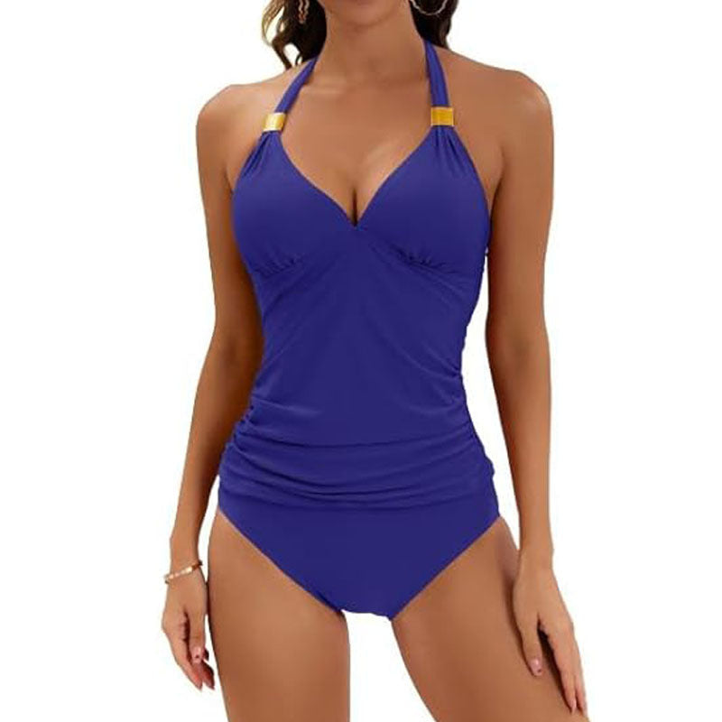 Women's Pure Color Halter Split Tie Two Piece Swimsuit Gronata