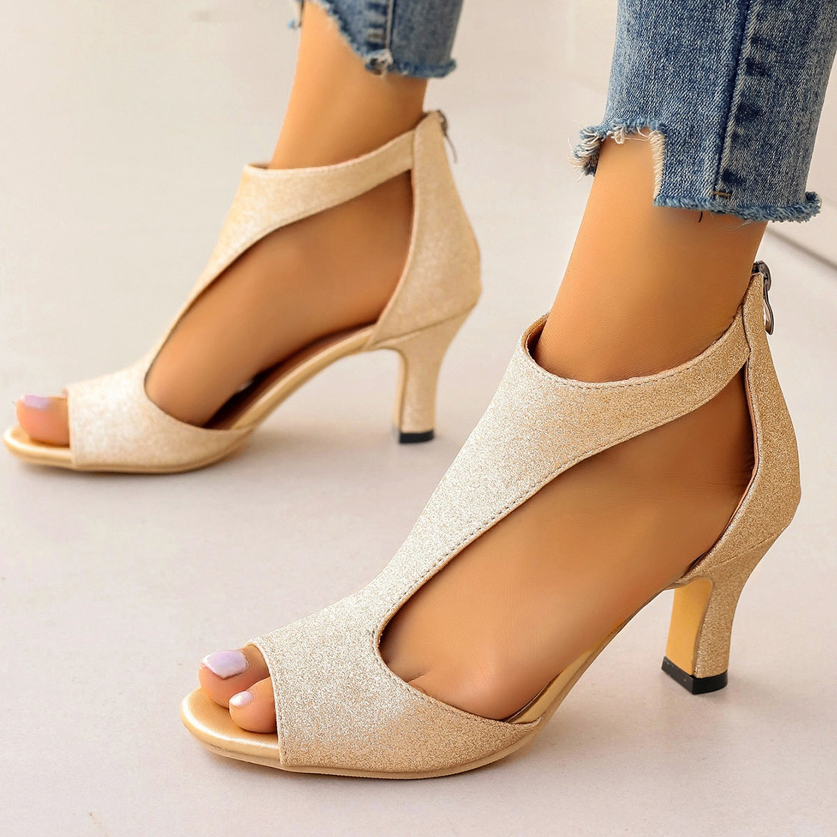 Women's High Heeled Fish Mouth Sandals with Zipper Closure - Summer Dressy Open Toe Footwear Gronata