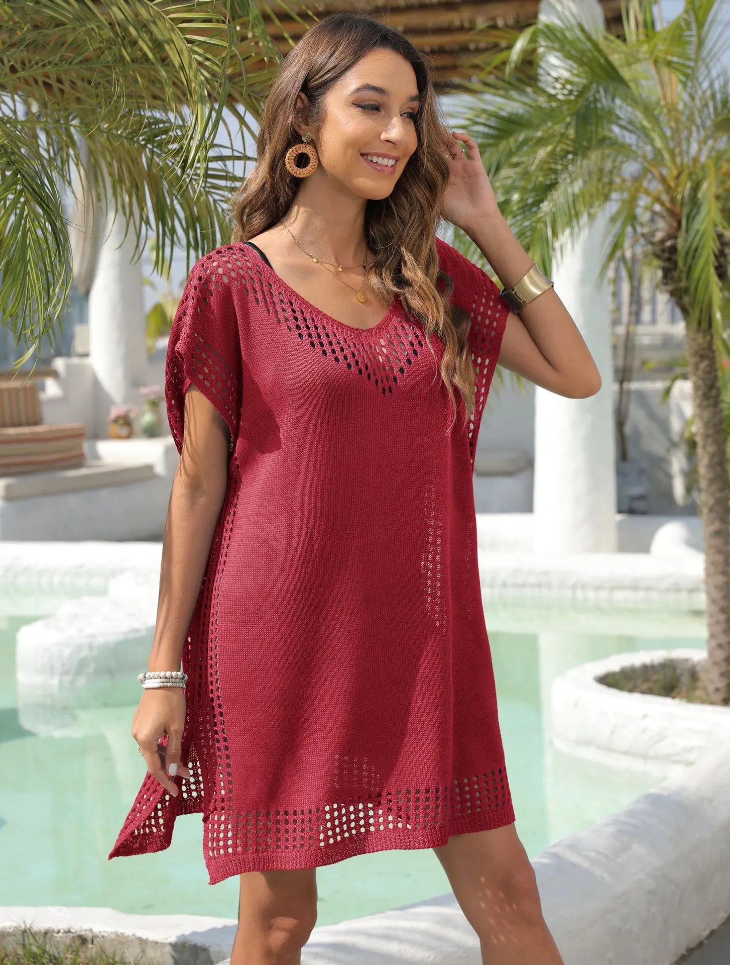 Women's Loose-Fitting European And American Style Hollow-Out Spliced V-Neck Blouse Gronata