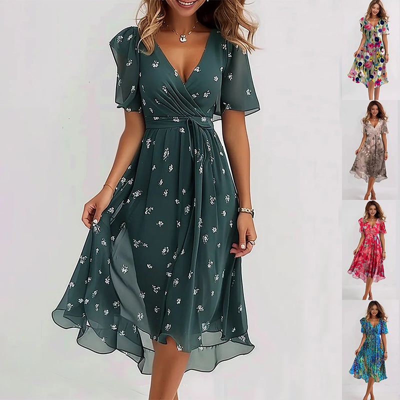 Chiffon Printed Short Sleeve Dress Summer Elegant V-neck Dresses Womens Clothing Gronata