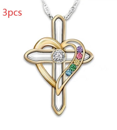 Cross Love Colorful Imitatio Gemstone Pendant Alloy Clavicle Chain Gronata