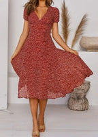Printed V-Neck Short-Sleeved Lace-Up Dress Gronata