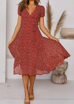 Printed V-Neck Short-Sleeved Lace-Up Dress Gronata