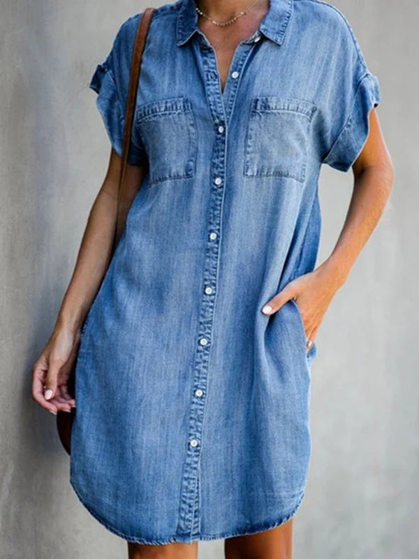 Women's Short Sleeve Slim Denim Midi Dress Gronata