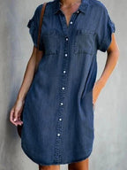 Women's Short Sleeve Slim Denim Midi Dress Gronata