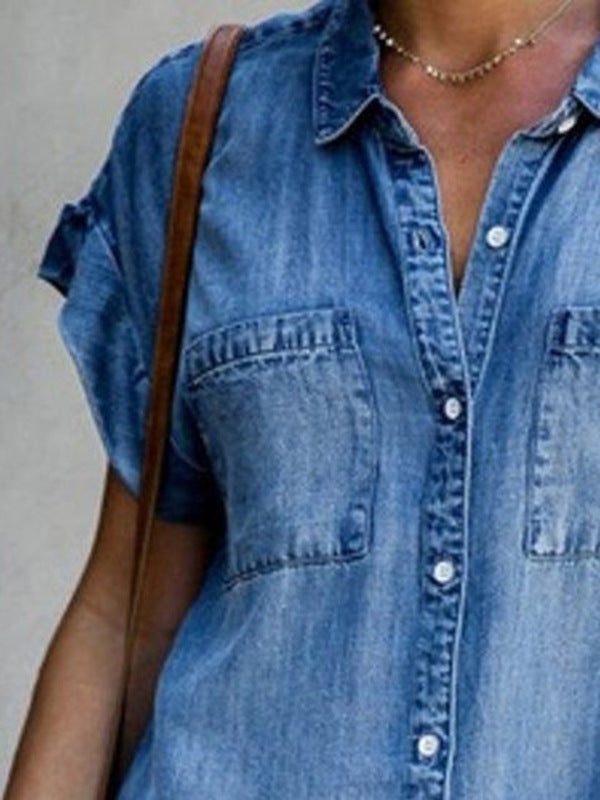 Women's Short Sleeve Slim Denim Midi Dress Gronata