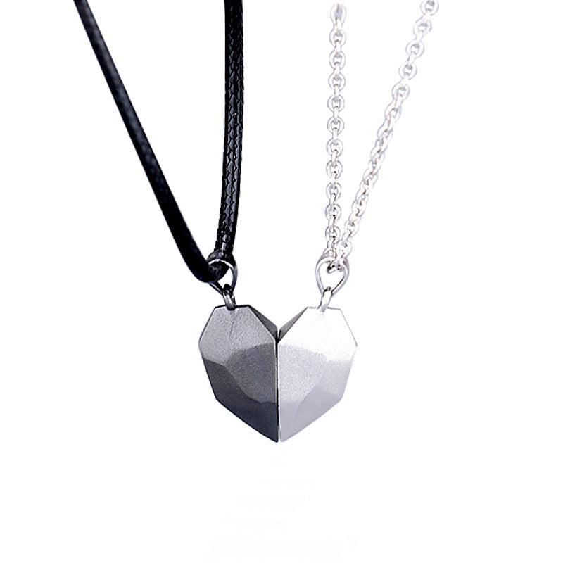 Attractive Wishing Stone Couple Pendant Necklace Ancient Love Token Heart-shaped Electrocardiogram Magnetic Heart Pendant Splicing Necklace Valentine's Day Gift Gronata