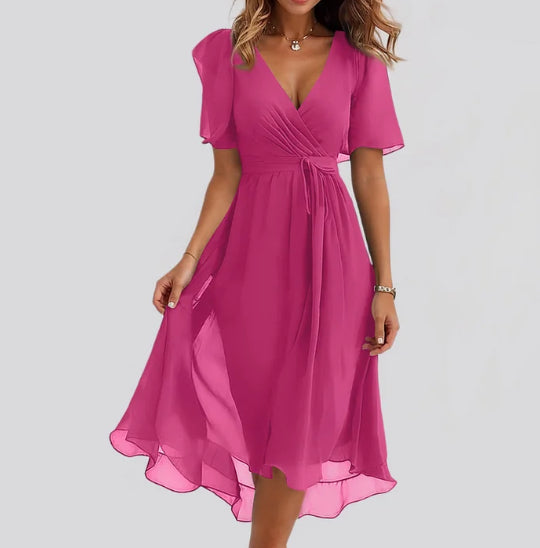Chiffon Printed Short Sleeve Dress Summer Elegant V-neck Dresses Womens Clothing Gronata