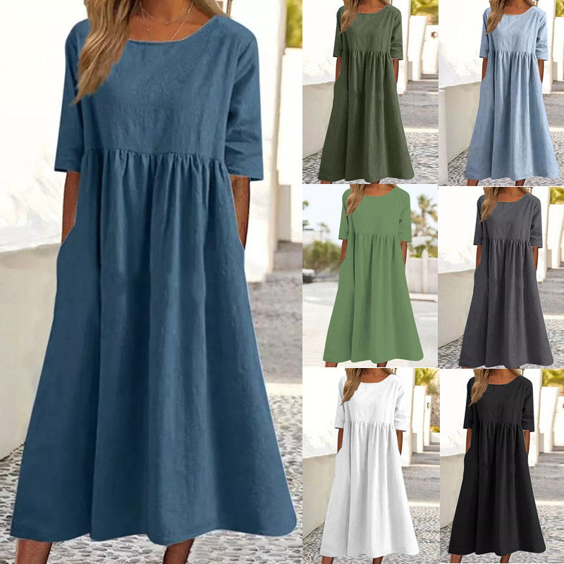 Women's Fashion Casual Cotton Linen Short Sleeve Pocket Dress Gronata