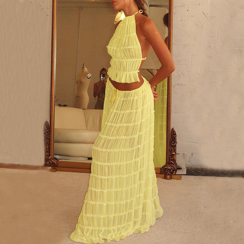 2pcs Women's Dress Suit Sexy Sleeveless Backless Cropped Halter Top And Pleated Long Skirt Beach Clothing Gronata