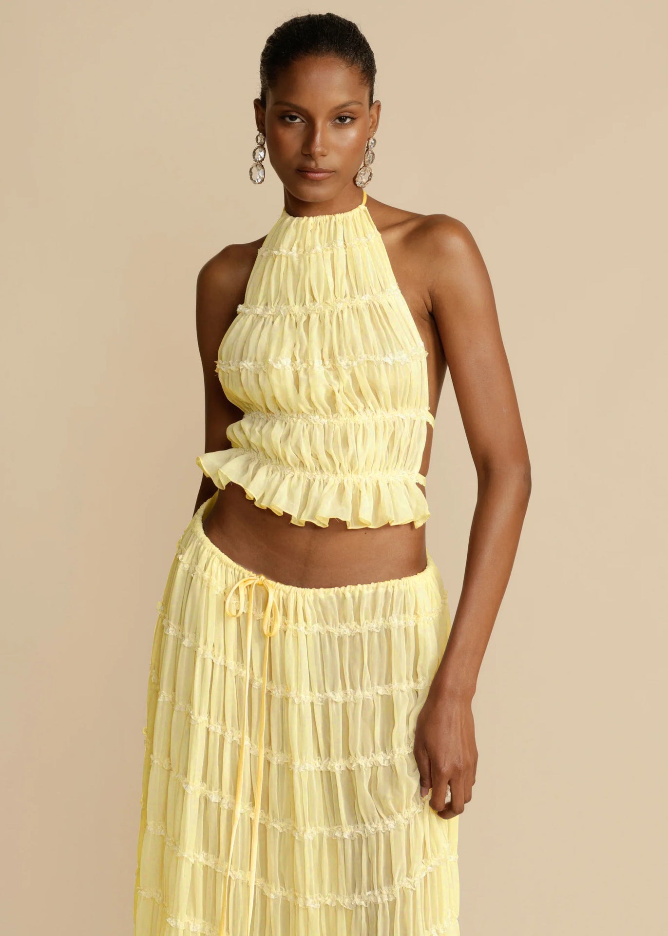 2pcs Women's Dress Suit Sexy Sleeveless Backless Cropped Halter Top And Pleated Long Skirt Beach Clothing Gronata