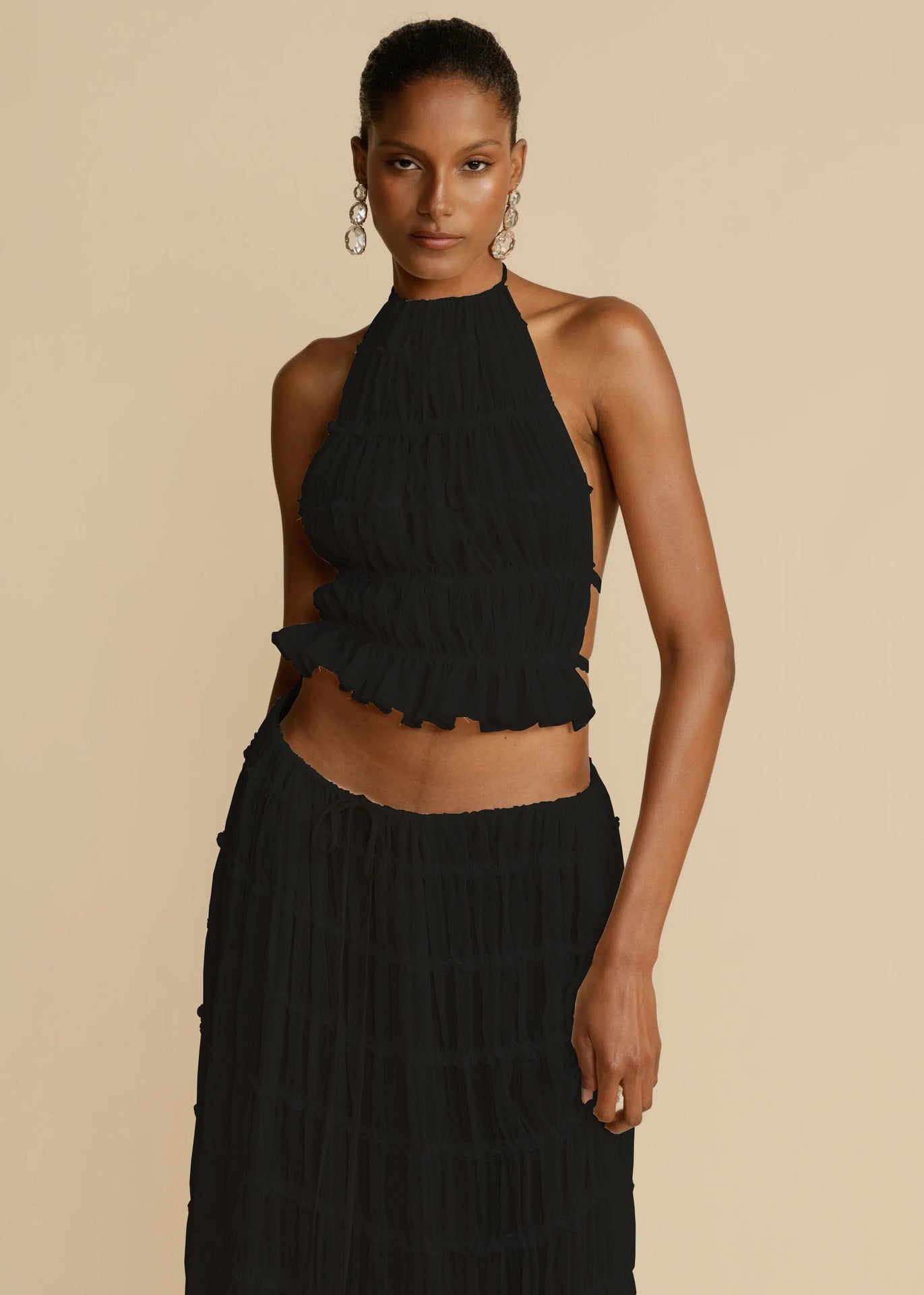 2pcs Women's Dress Suit Sexy Sleeveless Backless Cropped Halter Top And Pleated Long Skirt Beach Clothing Gronata