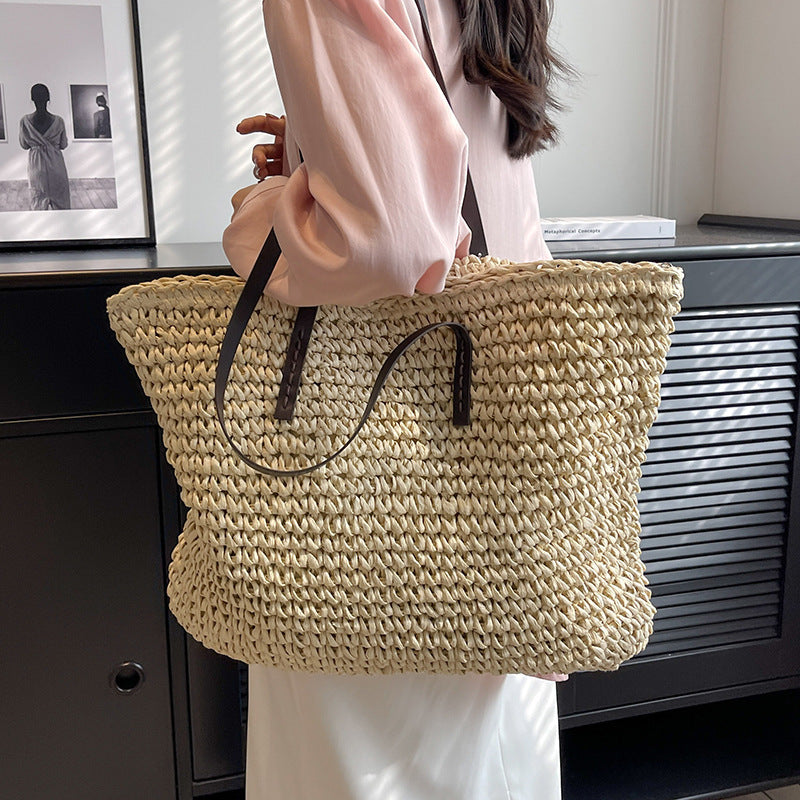 Summer Woven Shoulder Bag Ins Fashion Large Capacity Handbags With Zipper Women's Beach Bags Gronata