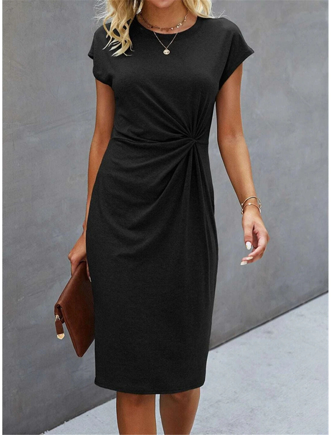 Women's Casual Tight Front Knot Round Neck Mid-length Dress Gronata
