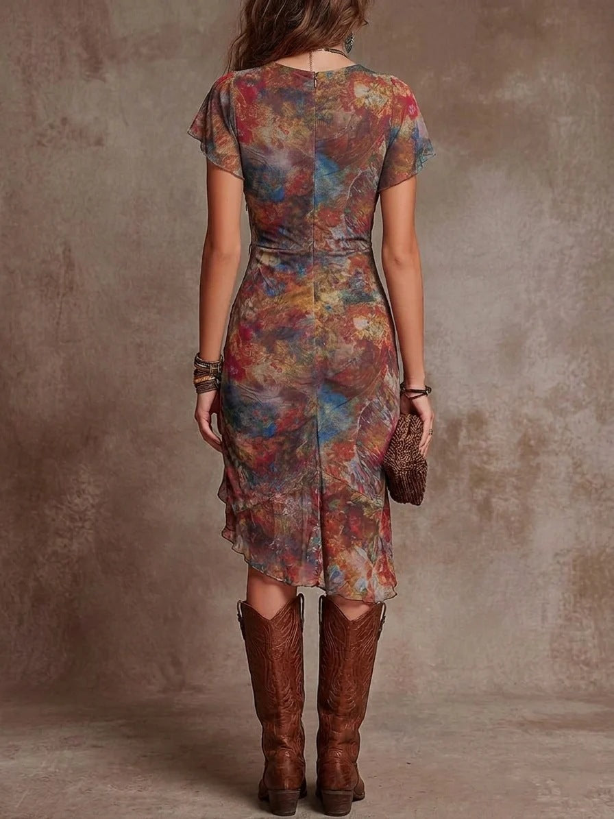 Womens Slim-fit Printed V-neck Defined-waist Dress Gronata
