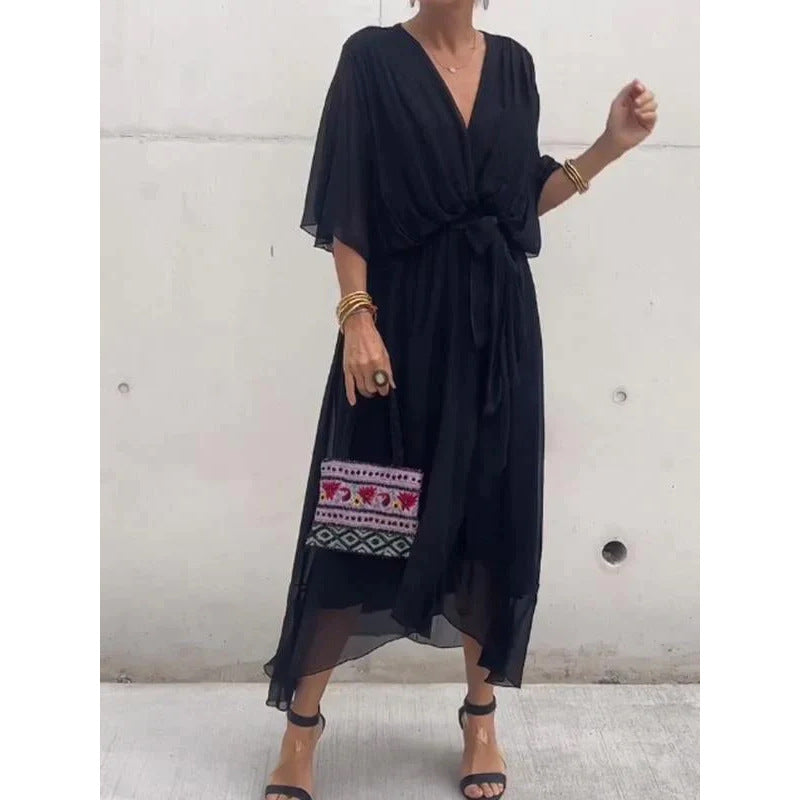 Batwing Sleeve V-neck Dress Summer Pure Color Tied Irregular Long Dresses Womens Clothing Gronata