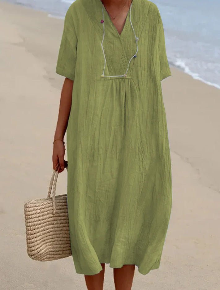 Women's Cotton And Linen Solid Color And V-neck Fashion Style Dress Gronata