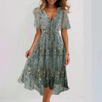 Chiffon Printed Short Sleeve Dress Summer Elegant V-neck Dresses Womens Clothing Gronata