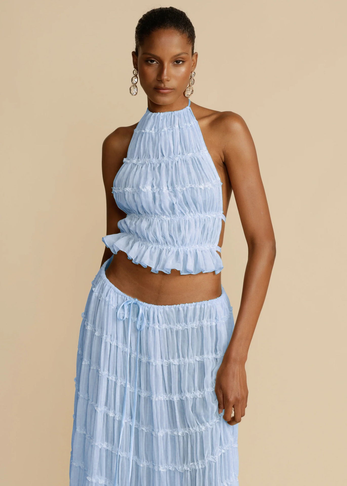 2pcs Women's Dress Suit Sexy Sleeveless Backless Cropped Halter Top And Pleated Long Skirt Beach Clothing Gronata
