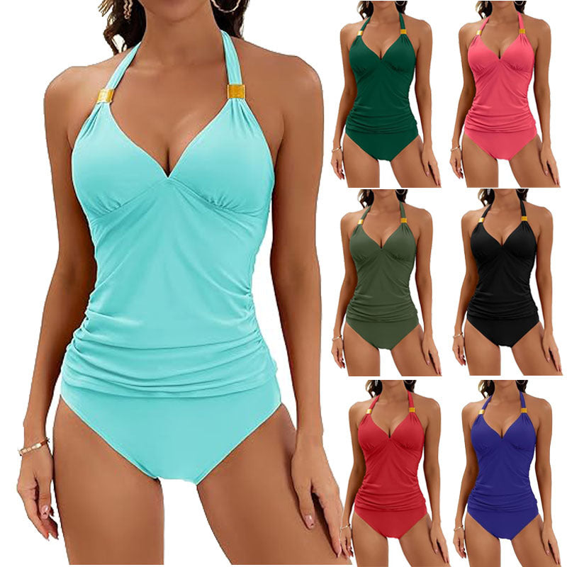 Women's Pure Color Halter Split Tie Two Piece Swimsuit Gronata