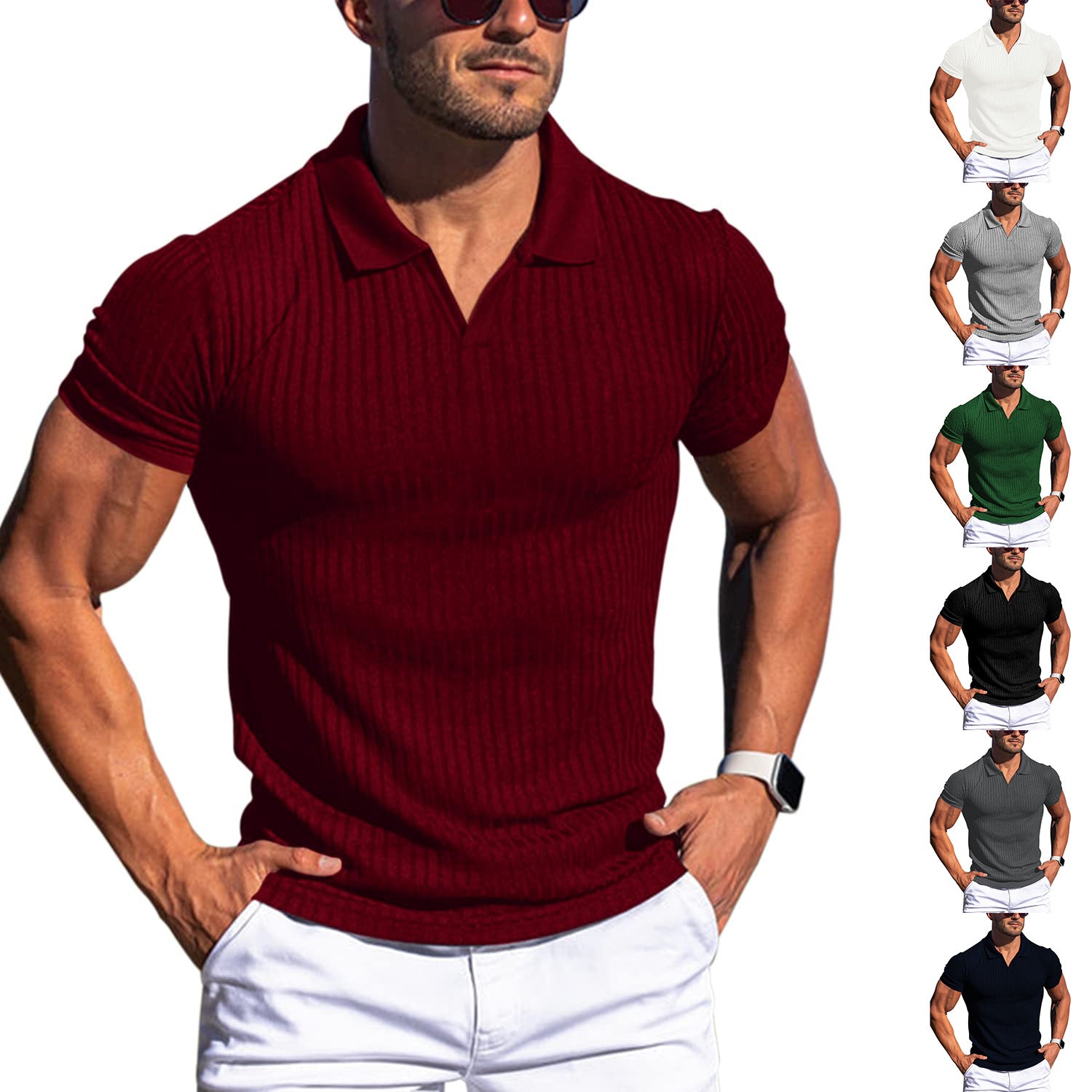 Polo Shirt Lapel V-neck Vertical Striped Short Sleeve Men's T-shirt Gronata