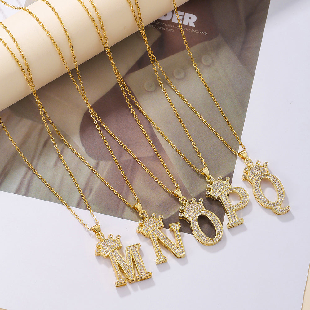 1PCS Fashionable Gold Diamond Crown Uppercase Letter Popular Pendant Necklace Suitable For Daily Use Festivals Parties Gifts Jewelry Set Gronata