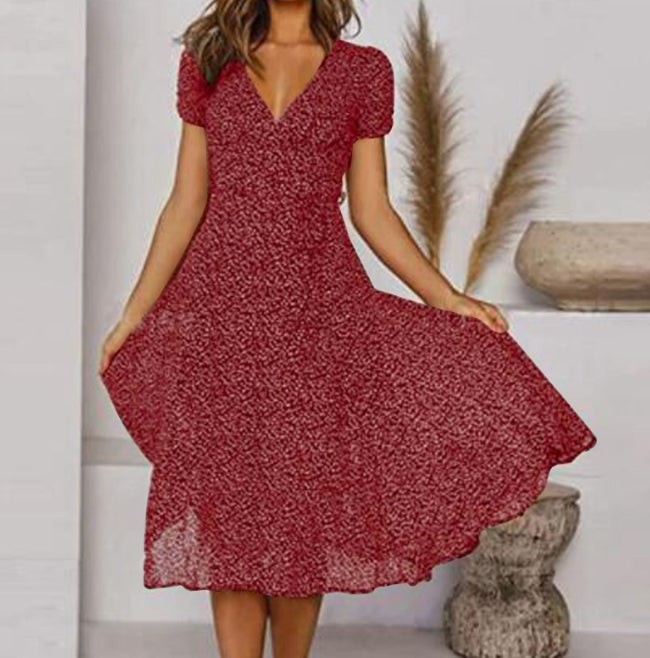 Printed V-Neck Short-Sleeved Lace-Up Dress Gronata