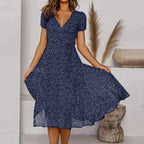 Printed V-Neck Short-Sleeved Lace-Up Dress Gronata
