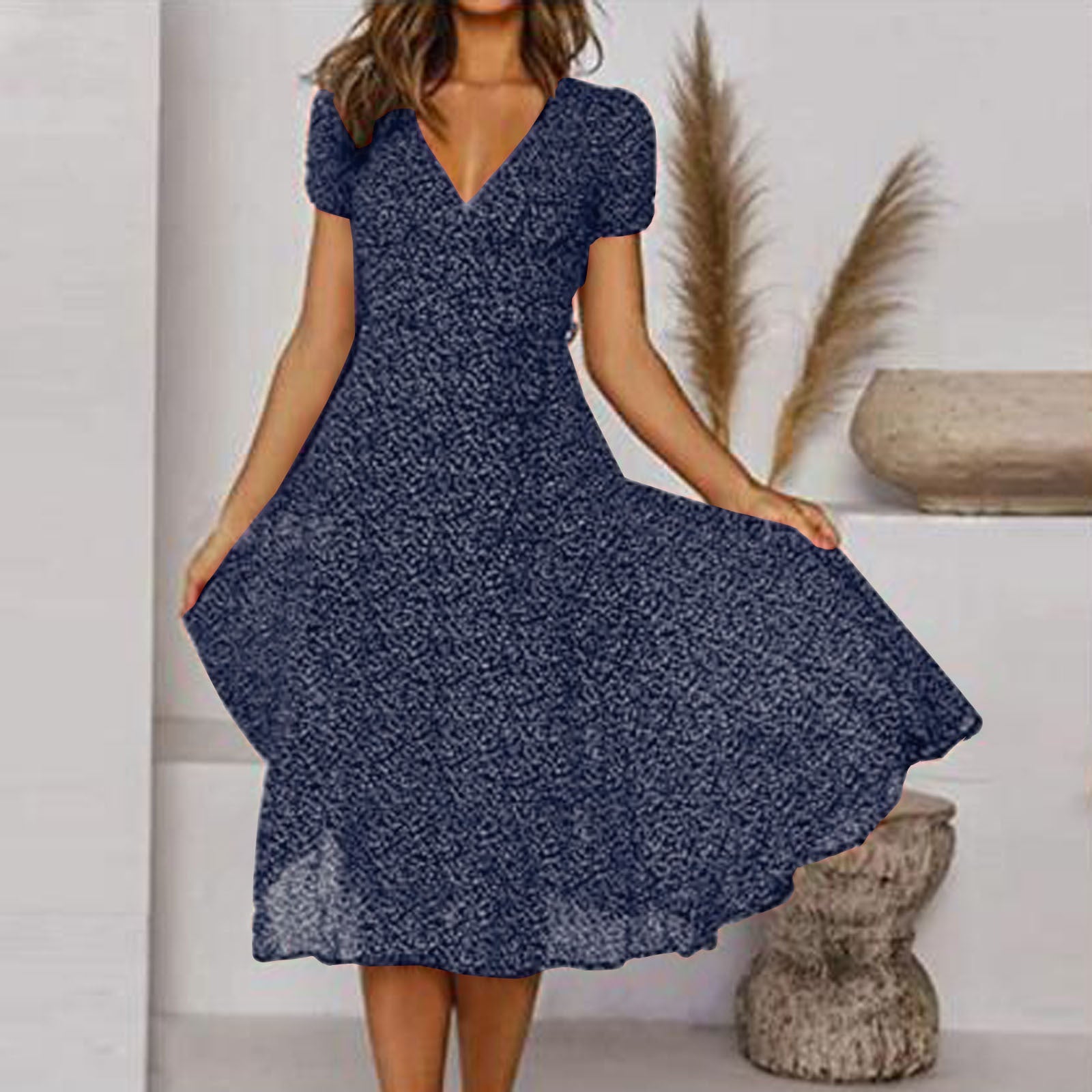 Printed V-Neck Short-Sleeved Lace-Up Dress Gronata