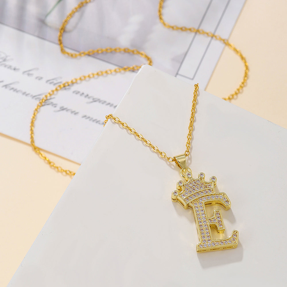 1PCS Fashionable Gold Diamond Crown Uppercase Letter Popular Pendant Necklace Suitable For Daily Use Festivals Parties Gifts Jewelry Set Gronata