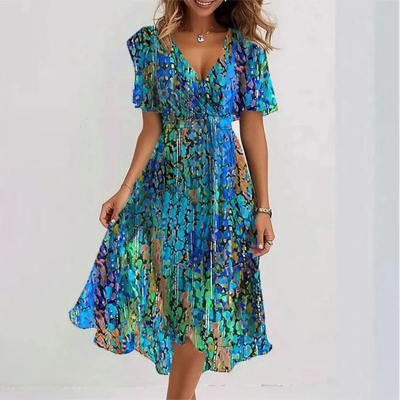 Flowers Printed V-neck Dress Summer A-line Short-sleeved Dresses For Women Gronata