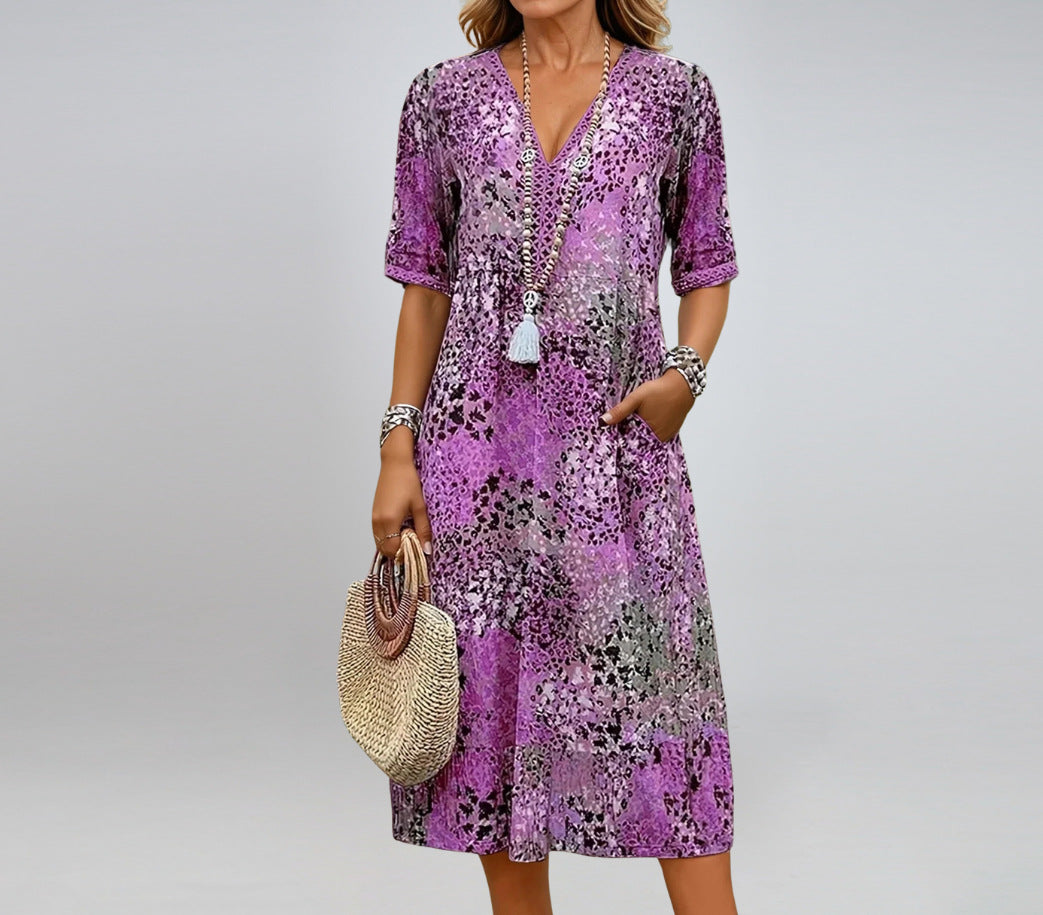 Summer V-neck Half-sleeved Dress With Pockets Fashion Ethnic Print Dresses Beach Holiday Clothing For Women Gronata
