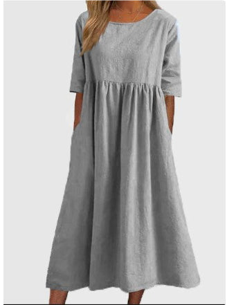 Women's Fashion Casual Cotton Linen Short Sleeve Pocket Dress Gronata