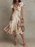 Printed V-neck Defined Waistline Ruffled Hem Dress Gronata