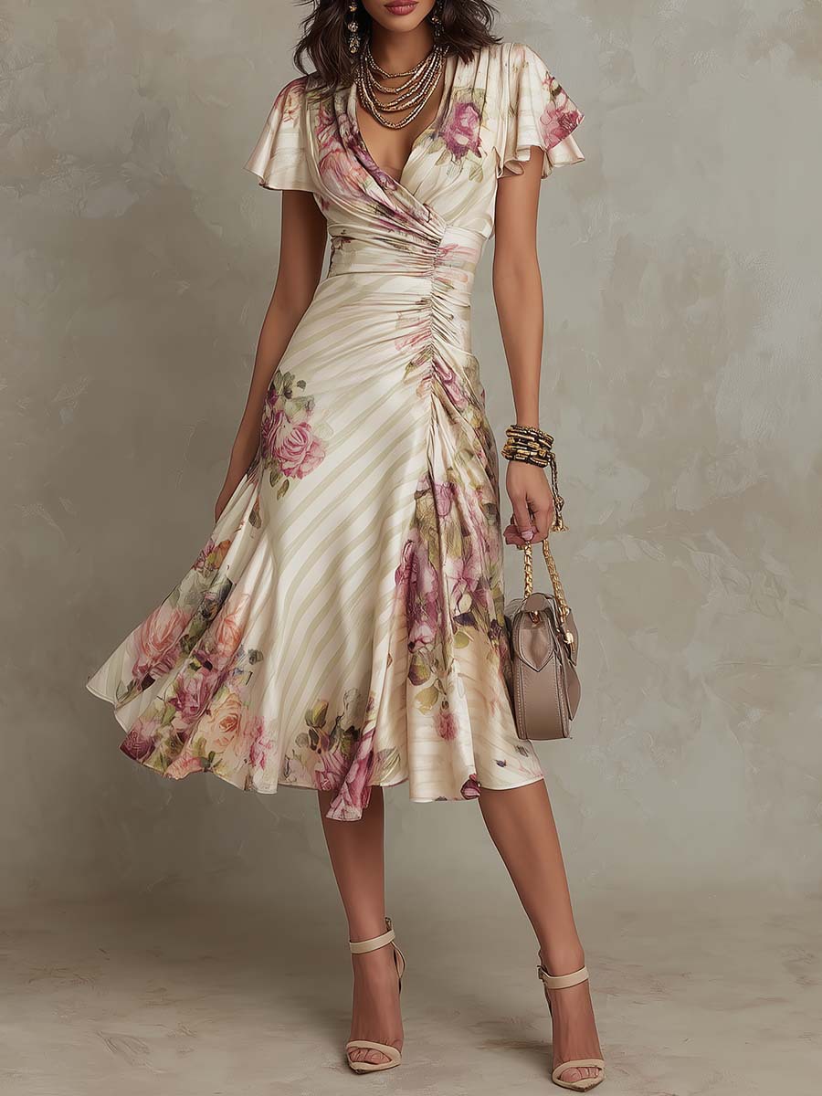 Printed V-neck Defined Waistline Ruffled Hem Dress Gronata