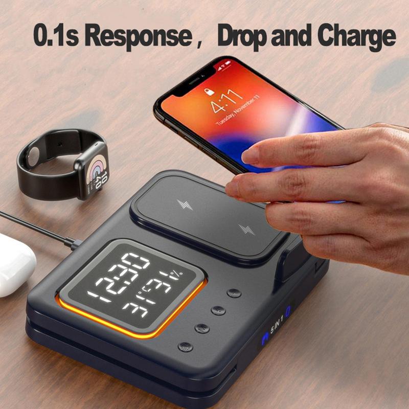 15W Wireless Chargers Stand 5 In1 LED Digital Alarm Clock Fast Charging Dock Station Gronata