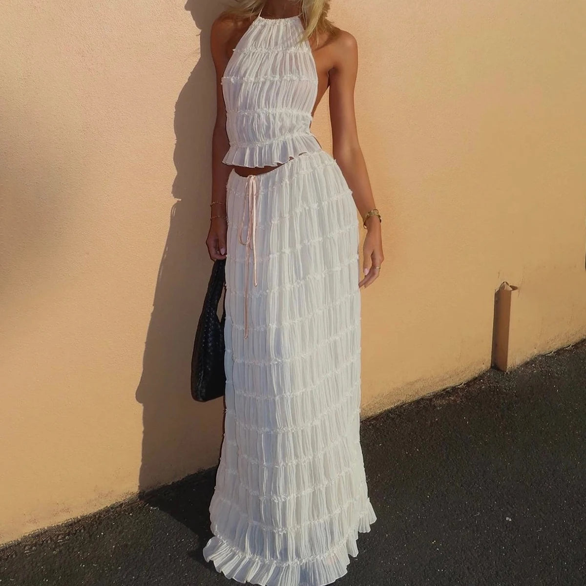 2pcs Women's Dress Suit Sexy Sleeveless Backless Cropped Halter Top And Pleated Long Skirt Beach Clothing Gronata