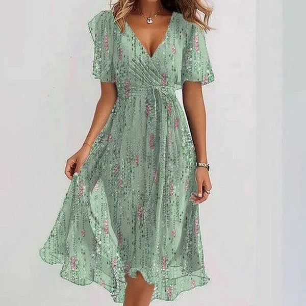 Flowers Printed V-neck Dress Summer A-line Short-sleeved Dresses For Women Gronata