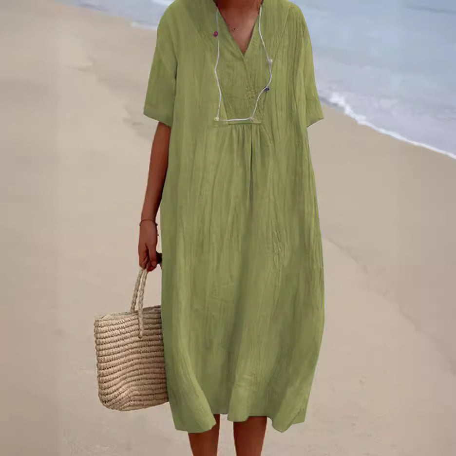 Women's Cotton And Linen Solid Color And V-neck Fashion Style Dress Gronata